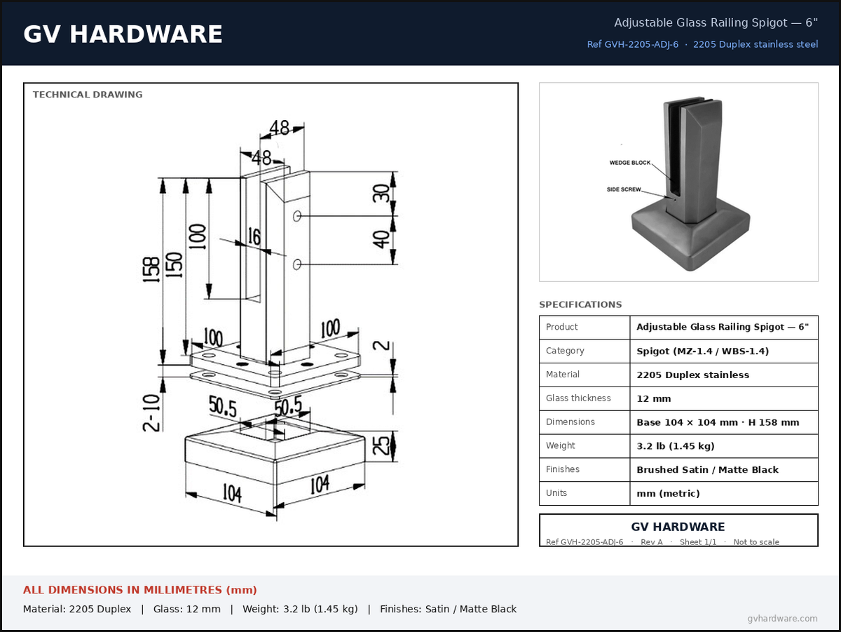 Technical data sheet – Adjustable 2205 Duplex glass railing spigot 6 in – dimensions in mm – GV Hardware