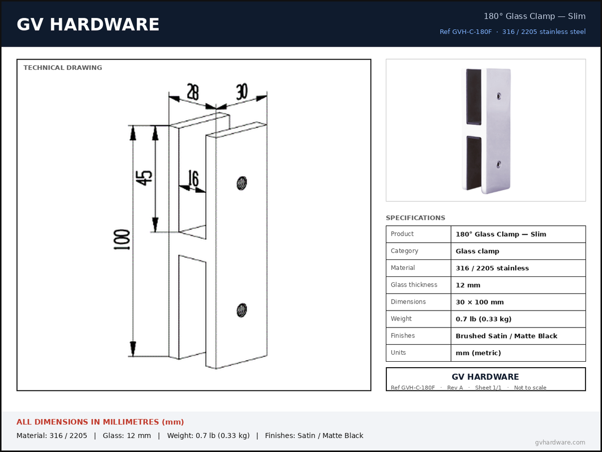 Technical data sheet – 180° slim glass-to-glass H connector – dimensions in mm – GV Hardware