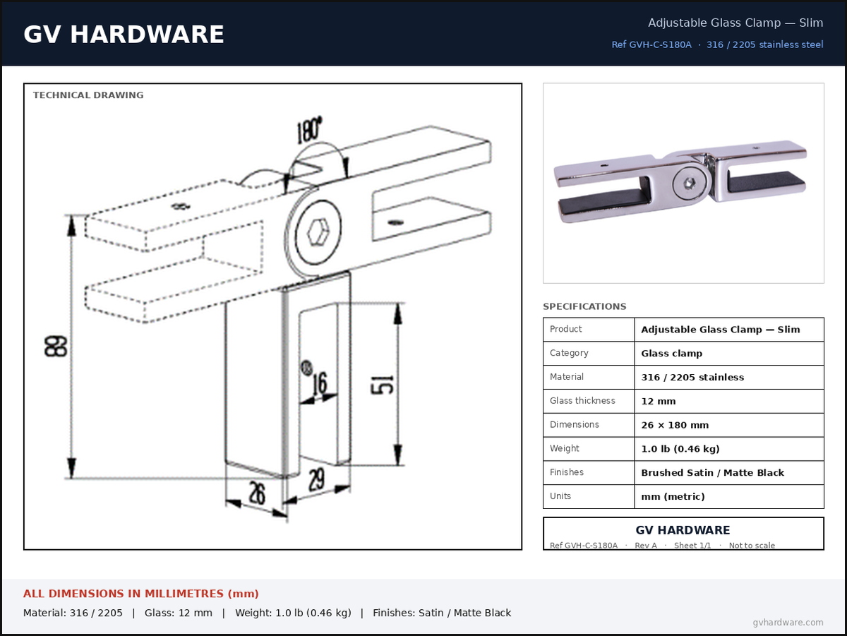 Technical data sheet – Slim style glass-to-glass adjustable bracket – dimensions in mm – GV Hardware