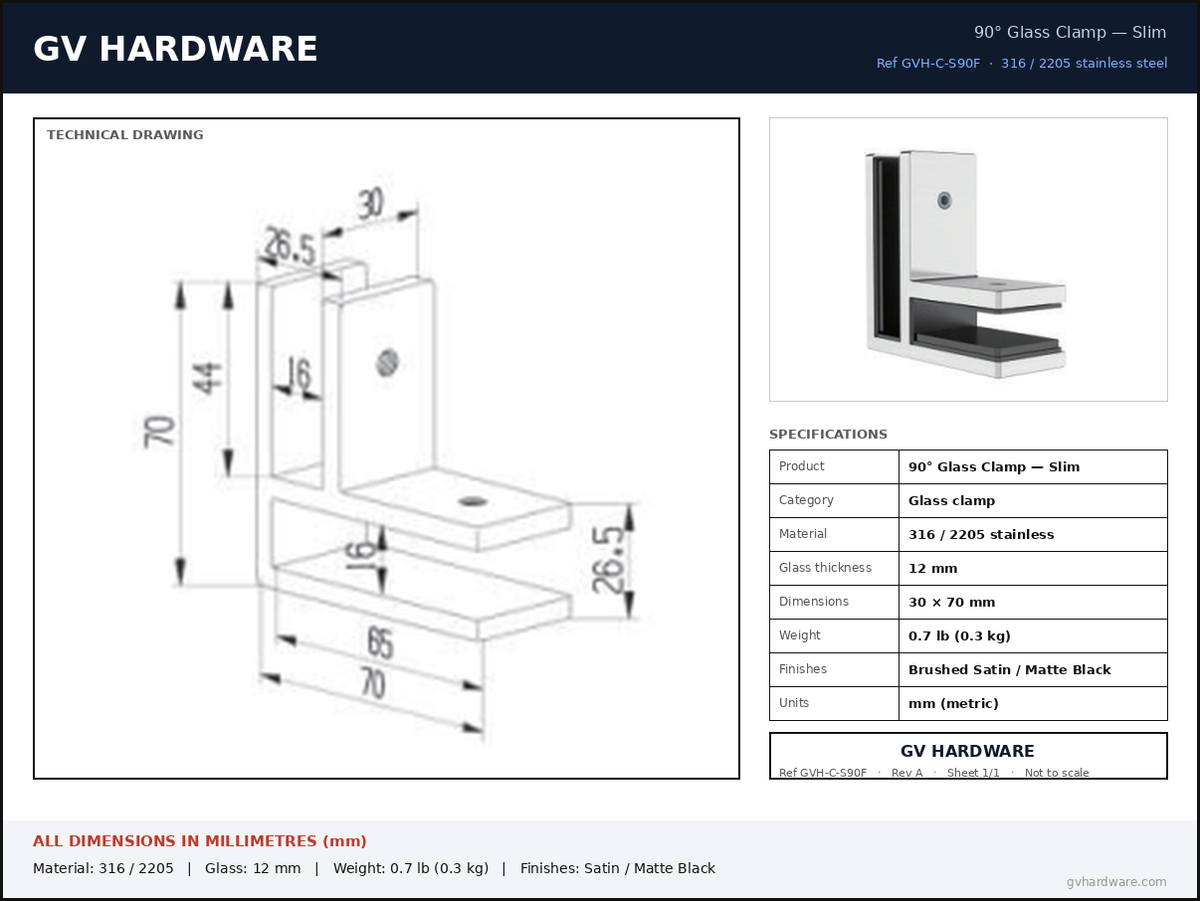 Technical data sheet – Thin style 90° glass-to-glass corner connector – dimensions in mm – GV Hardware