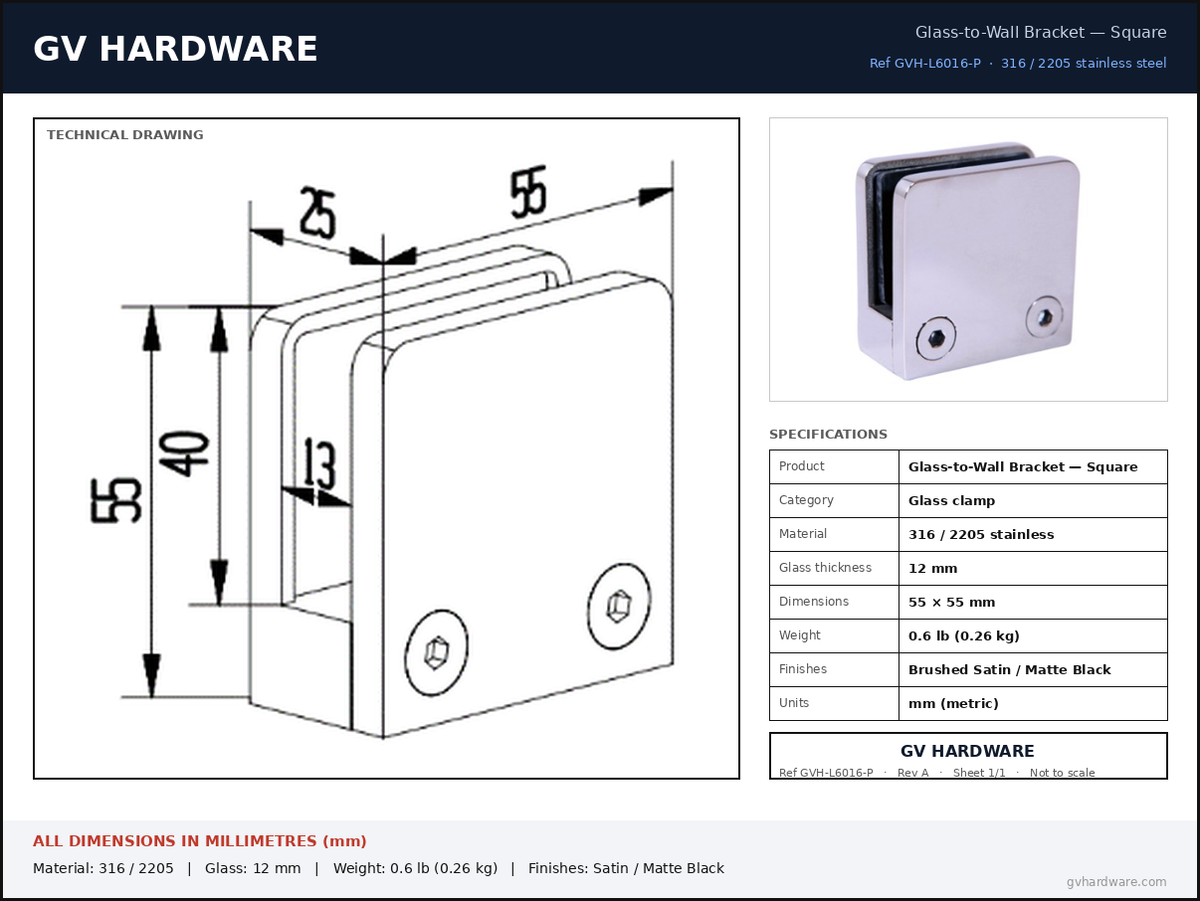 Technical data sheet – Wide style 90° glass-to-wall connector – dimensions in mm – GV Hardware