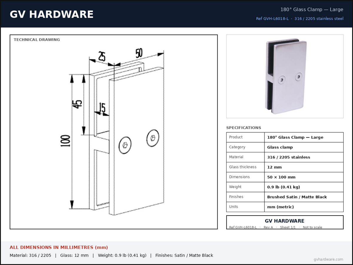 Technical data sheet – 180° wide glass-to-glass H connector – dimensions in mm – GV Hardware