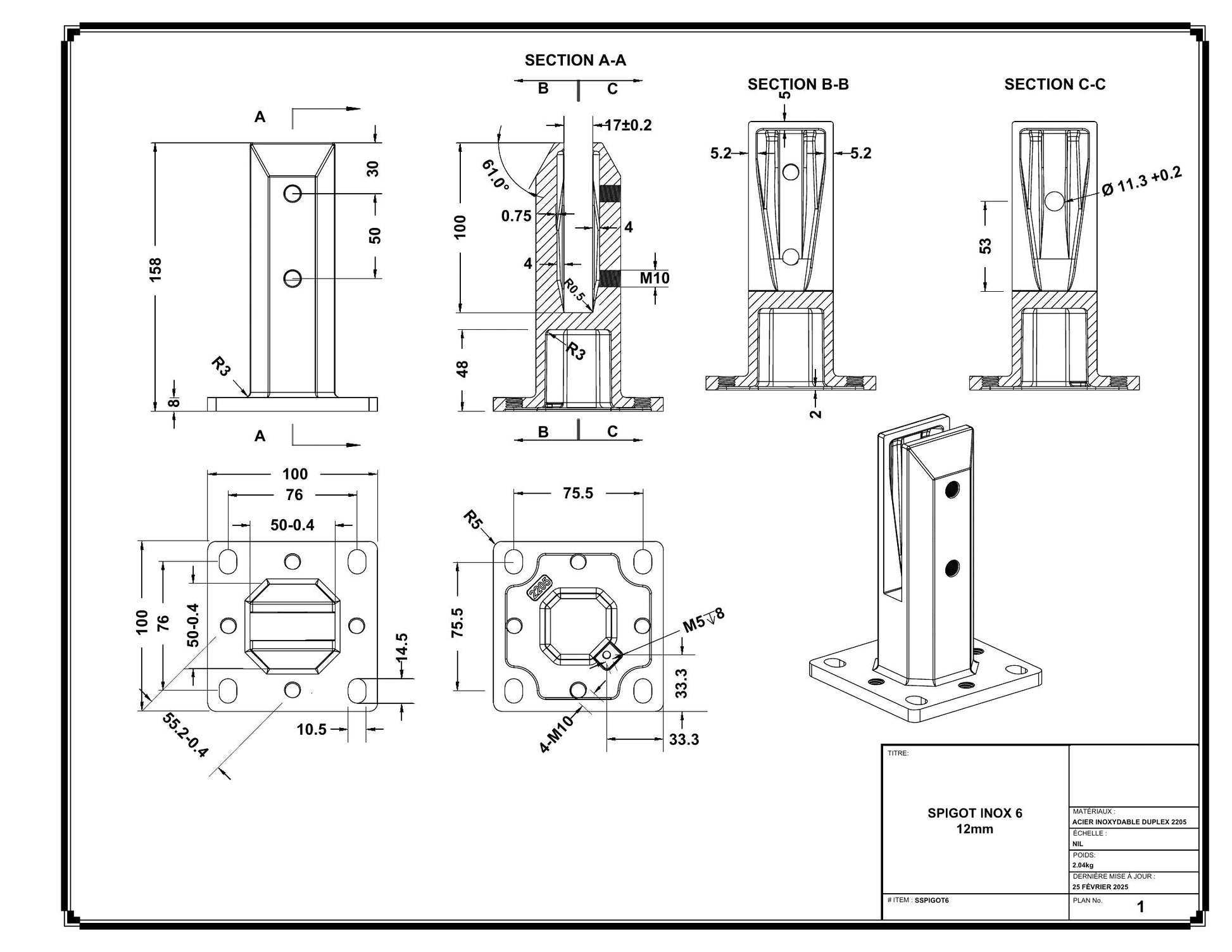 Technical drawing with dimensions - Heavy Duty 2205 duplex glass railing spigot 6 in (152 mm) - GV Hardware